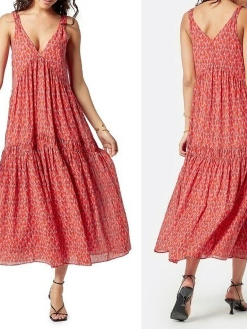 Joie $298 XL Tea Rose Red Pink 100% Cotton Tiered V-Neck Midi Maxi Dress
